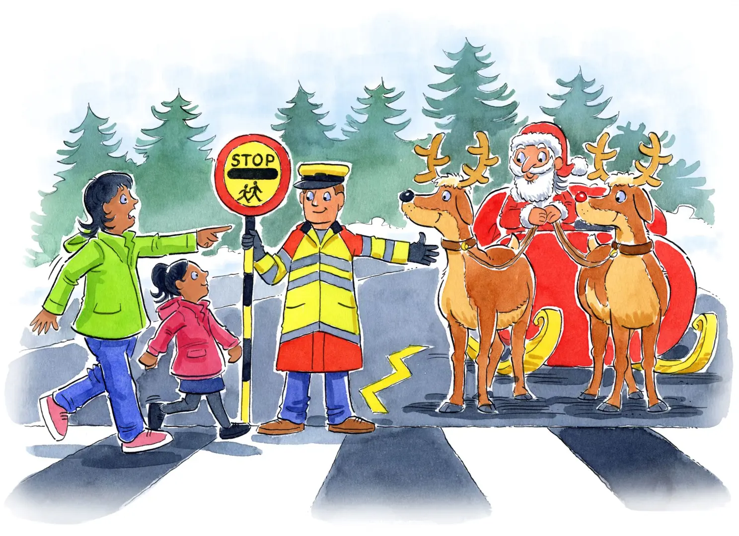 Crossing patrol showing a family across the road, they are pointing and Santa and his sleigh and reindeers which has stopped at the crossing for them to cross