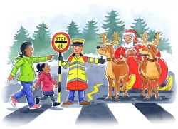 Crossing patrol showing a family across the road, they are pointing and Santa and his sleigh and reindeers which has stopped at the crossing for them to cross
