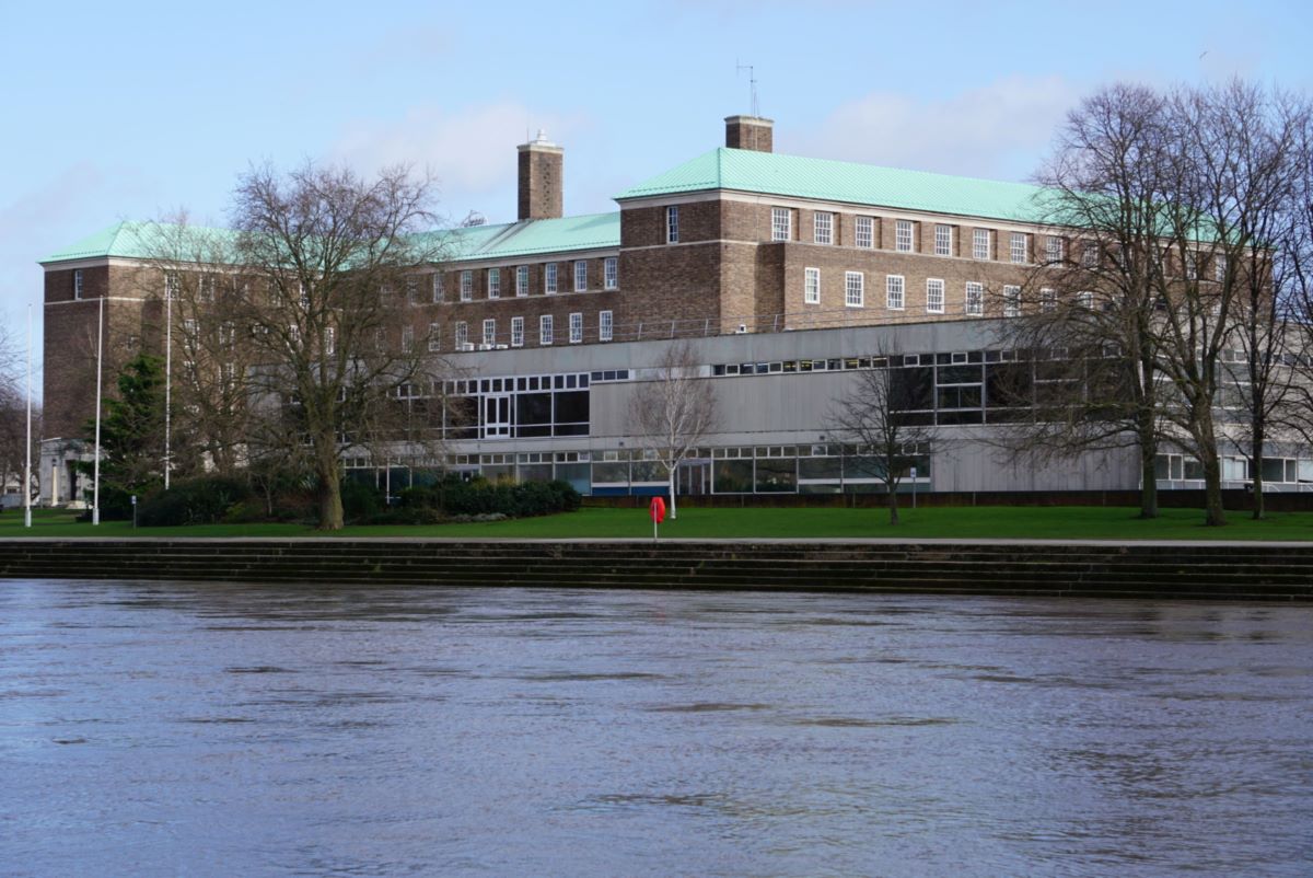 A photo of County Hall taken from across the river Trent
