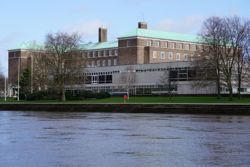 A photo of County Hall taken from across the river Trent