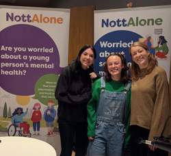 Dr Maddi Popoola, Grace Wood and Dr Órlaith Green in the NottAlone Podcast recording studio.