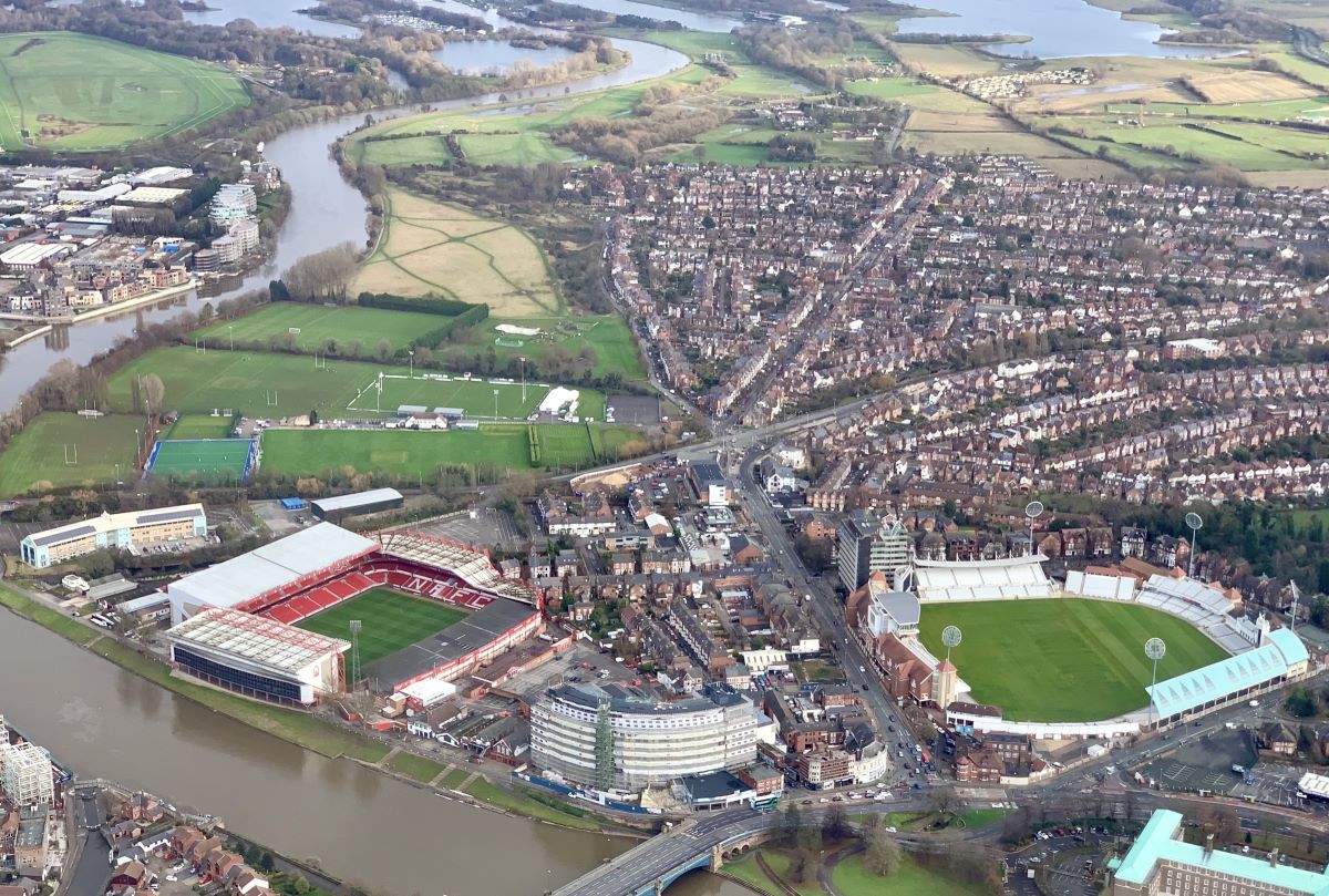 birds eye view of the Forest and Cricket grounds alongside river Trent