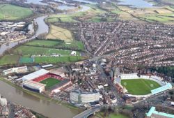 birds eye view of the Forest and Cricket grounds alongside river Trent